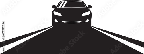 Black Car Silhouette Driving on a Road with White Lane Markings also transparent background