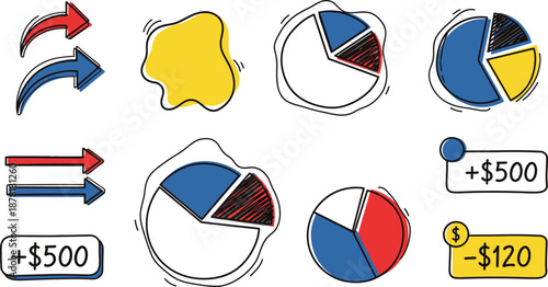 Hand-drawn infographic elements include arrows, pie charts, and simple financial notations on a white background.