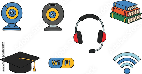 A collection of educational technology icons including webcams, headphones, books, graduation cap, and Wi-Fi signal.