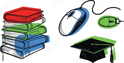 A stack of colorful academic books rests near computer mice and a graduation cap for educational concepts.