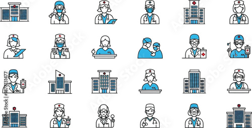A collection of simplified icons depicts various medical professionals and hospital building structures.