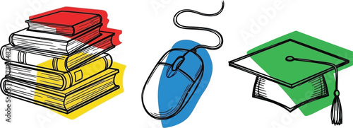 Stack of colored textbooks, a computer mouse connected by a cord, and a graduation cap illustrate concepts of digital.