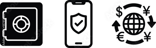 Set of three black and white icons depicting financial security, global currency exchange, and a vault.