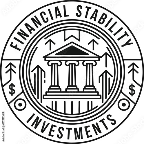 Monoline badge graphic illustrates financial stability and investment growth using a classical bank building.
