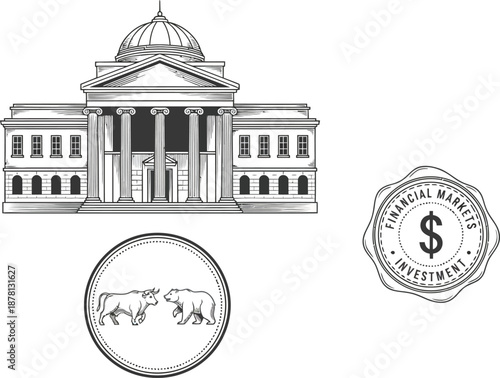 A large illustration of a classical financial institution sits beside trading symbols and a wax seal for investment services.