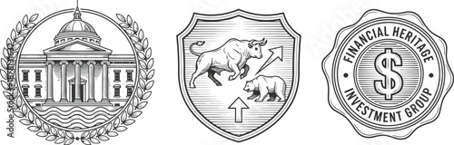 Three grayscale emblems display government architecture, market fluctuations with bull and bear, and a dollar sign seal.