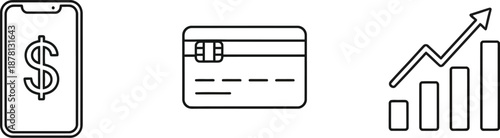 Smartphone displaying a dollar sign sits beside a credit card and a rising bar graph showing growth.