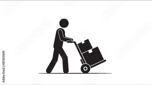 Black Silhouette of a Person Pushing a Cart with Boxes on Wheels also transparent background