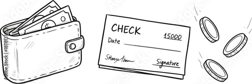Wallet filled with paper currency sits next to a blank check and falling coins in a simple drawing.
