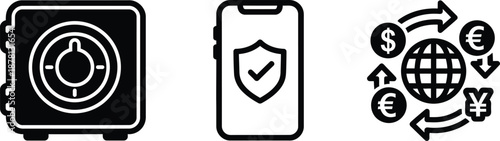 A collection of black and white icons represents digital security, global money exchange, and secure storage concepts.