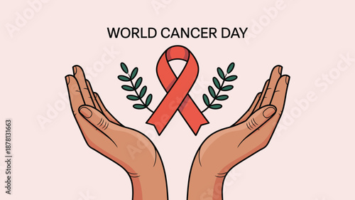 Hands holding ribbon for world cancer day Vector
