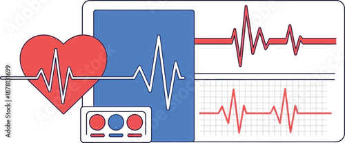 Stylized heart monitor displays vital electrocardiogram readings on a digital interface graphic.