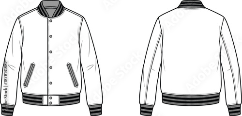 Varsity jacket technical sketch, front and back view, button closure, striped ribbed trim, fashion design, flat vector illustration