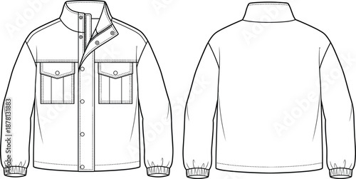 Button-front jacket sketch, front and back view, flap chest pockets, elastic cuffs, high collar, flat vector illustration