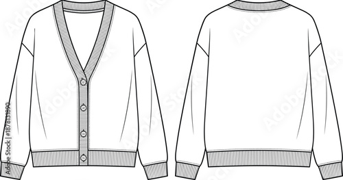 Cardigan sweater technical sketch, front and back view, V-neck button-down, ribbed cuffs and hem, flat vector illustration