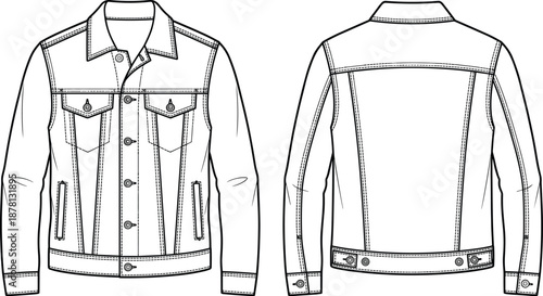 Denim jacket technical sketch, front and back view, button placket, chest flap pockets, yoke seam, flat vector illustration