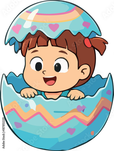 A cute cartoon illustration of a happy little girl peeking out from a cracked pastel Easter egg with playful patterns.Т       