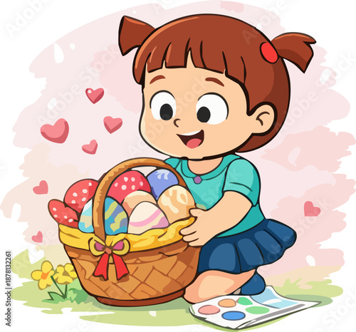 A cute cartoon illustration of a smiling little girl kneeling beside a wicker basket filled with colorful Easter eggs, surrounded by hearts and soft spring details.