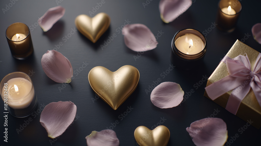 Fototapeta premium Romantic flat lay with golden hearts, candles, pink petals, and gift box on dark background. Cozy and elegant mood.