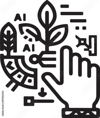 Ethical AI hand icon with green leaf and protective shield symbol for responsible technology and secure artificial intelligence design.