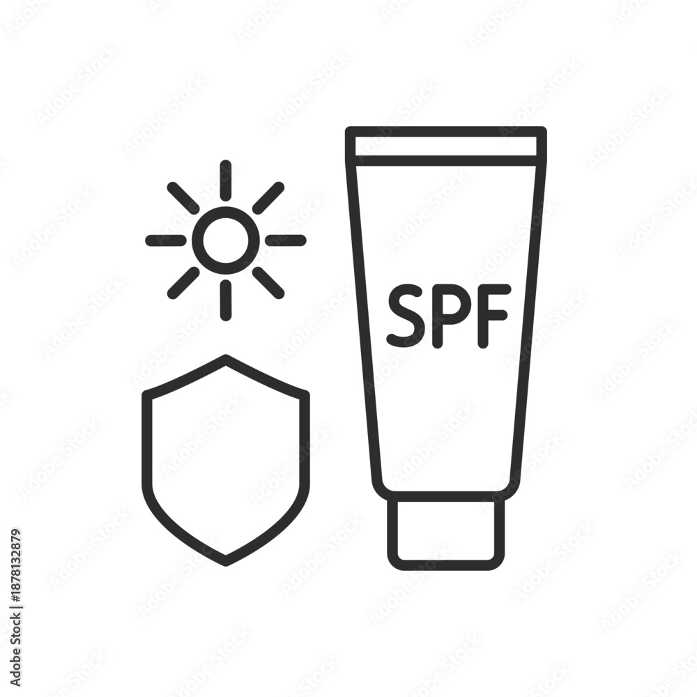 Obraz premium Sunscreen icon. Minimalist cream tube with sun. Sun rays protect. Line vector art.