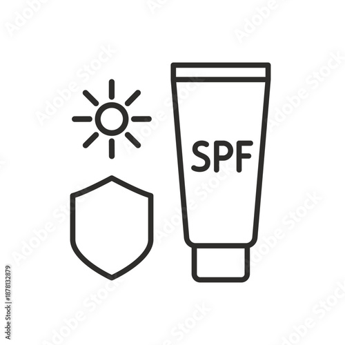 Sunscreen icon. Minimalist cream tube with sun. Sun rays protect. Line vector art.