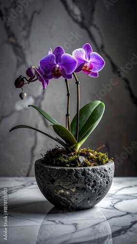 Orchid with vibrant purple blooms and buds sits in a textured pot against a marble backdrop
