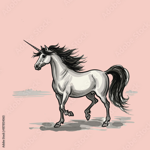 Mythical white unicorn illustration flowing mane tail
