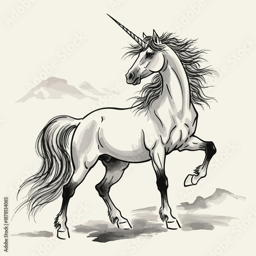 Black white ink drawing of a majestic unicorn standing in a misty landscape