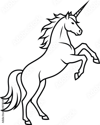 Black white outline drawing of a rearing unicorn