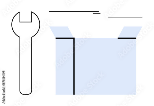 Minimalist open box with adjacent wrench representing repair, customization, creativity, and resourcefulness. Ideal for problem-solving, innovation, packaging, DIY, solutions adaptation planning