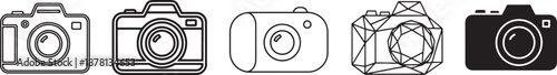 A collection of five different camera icons in various styles, representing photography and technology Vector