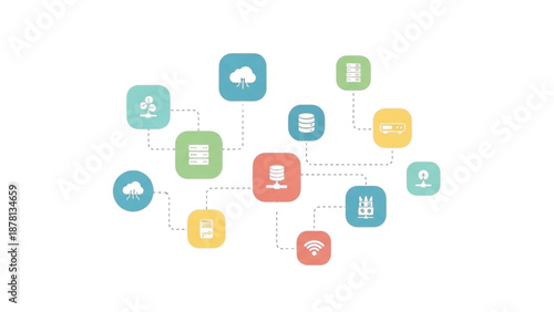 Cloud Computing Network Illustration with Icons for Server Database and Digital Connectivity