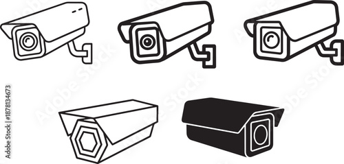 A collection of security camera icons and illustrations showing different surveillance camera styles Vector