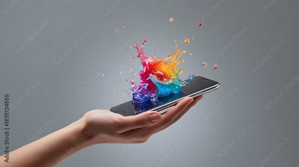 © Muhasnumay - Color Explosion on Digital: A hand delicately cradles a sleek digital device, its screen erupting with a vibrant splash of colors, symbolizing creativity and the intersection of technology and art.