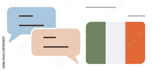 Language learning, translation, national identity, cultural exchange, global communication, international relations. Speech bubbles and Irish flag together. Language learning and translation concept