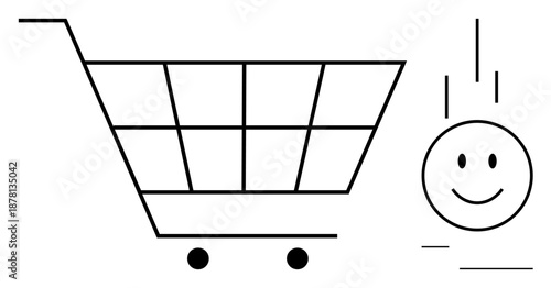 Online shopping concept. Shopping cart and smiling face emphasizing customer satisfaction in online retail. Online shopping experience and consumer care highlighted. For e-commerce, marketing, retail