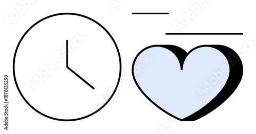 Time management, wellness, productivity, health care, work-life balance, efficiency. Minimalist clock and heart icon. Time management and wellness through clear symbolic shapes