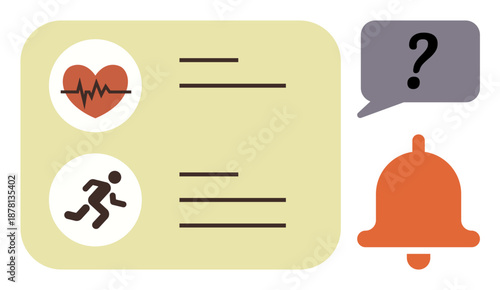 Health tracking, fitness goals, alerts, lifestyle management, medical updates, wellness monitoring. Heartbeat and running icons next to notification bell and question bubble. Health tracking