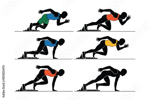 Professional Sprinters in Starting Blocks Ready to Race