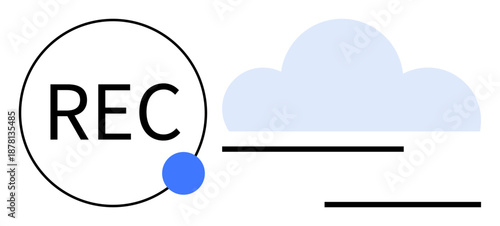 Blue circle, REC label, cloud icon, and simple lines represent data recording, storage, and transfer. Ideal for technology, cloud computing, data backup media security communication innovative