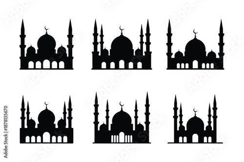 Set of black mosque silhouettes with domes and minarets