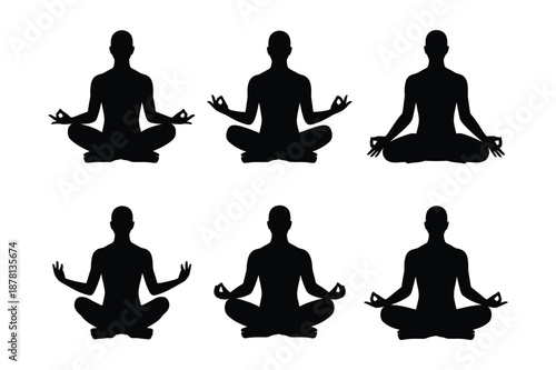 Set of Human Silhouettes in Yoga Meditation Lotus Pose