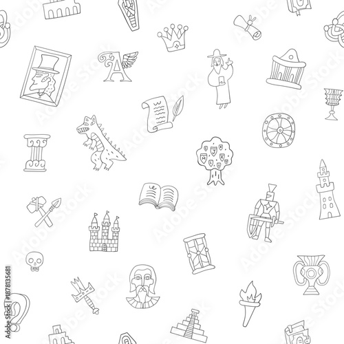 History fairy tale seamless vector background hand drawn doodles objects and signs