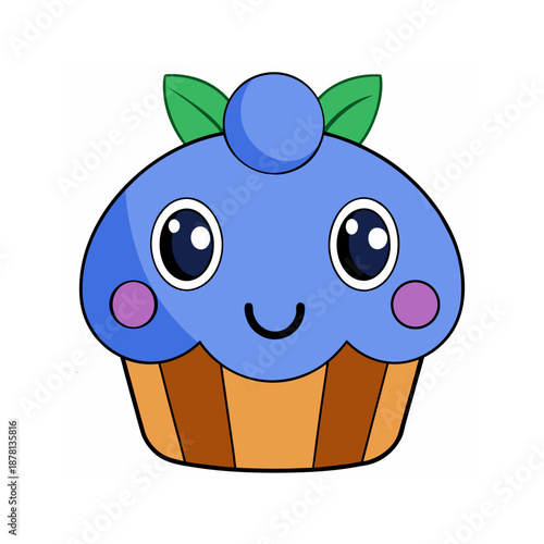Cute kawaii blueberry muffin cartoon character with smiling face flat vector illustration for bakery cafe design isolated on white background