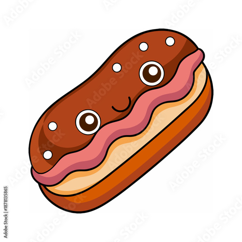 Cute kawaii eclair with chocolate glaze cartoon character with smiling face flat vector illustration for bakery cafe design isolated on white background