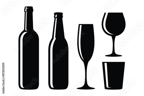 Wine and Beer Bottle with Glassware Silhouettes Set