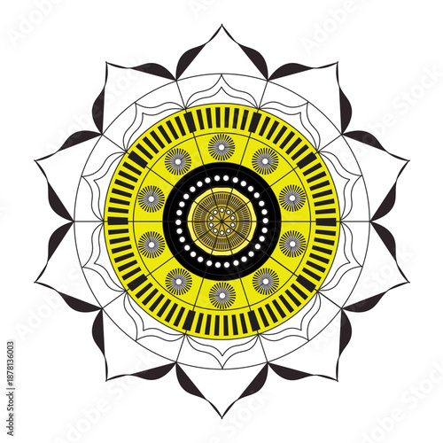 Vibrant Yellow and Black Mandala Vector: Ornamental Sunburst Pattern for Modern Decor and Graphic Design