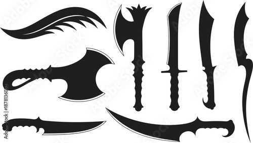 Silhouette of various medieval and fantasy weapons and sword silhouettes