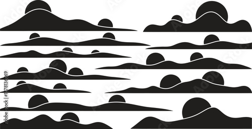 Collection of various mountain range silhouette landscapes in black